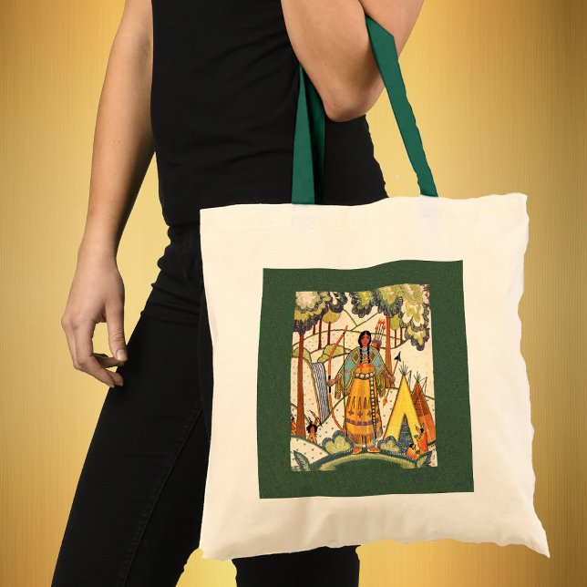 Tasche Native American Maiden (Native American women bow arrow teepees under trees with en embroidery look on green tote bag.)
