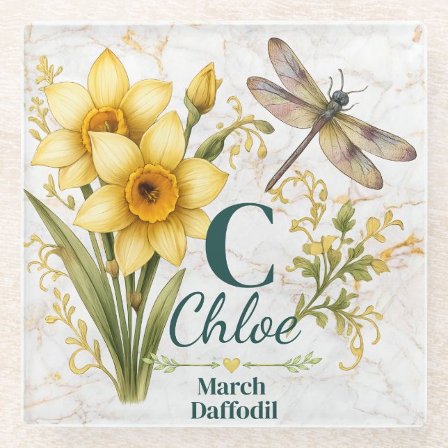 Taschen-Monogramm mit Osterglocke und Libelle für  Glasuntersetzer (Vorderseite)