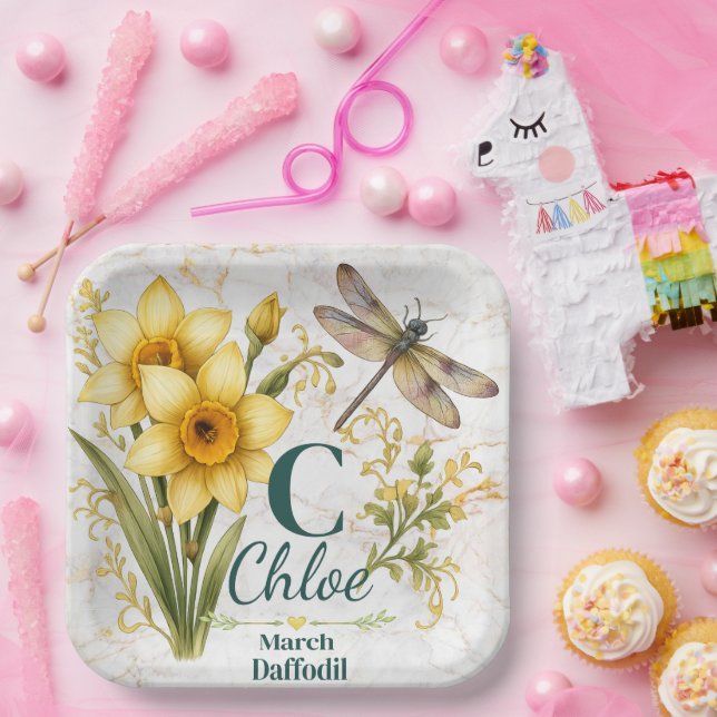 Taschen-Monogramm mit Osterglocke und Libelle für  Pappteller (Party)