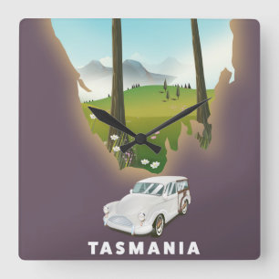 Tasmania illustrierte Karte Reiseplakat. Quadratische Wanduhr
