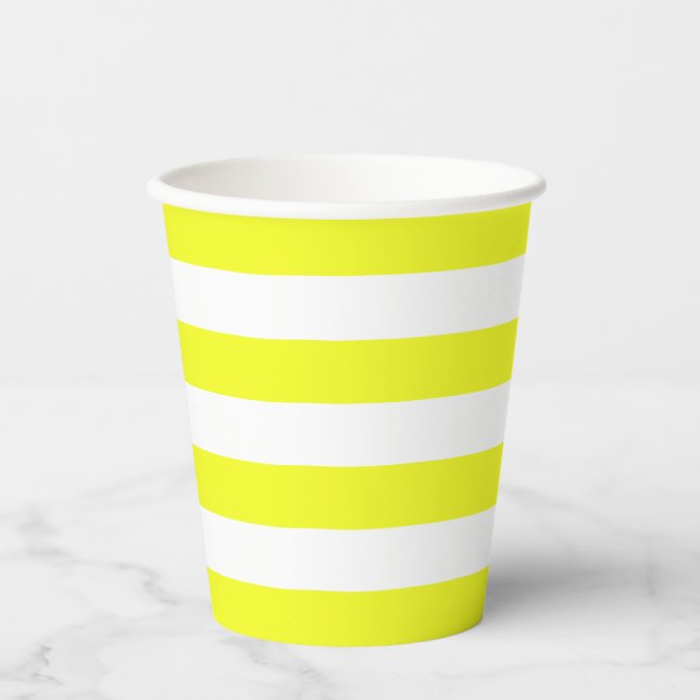 Tasse aus gelbem und weißem Streifen Pappbecher (Vorderseite)