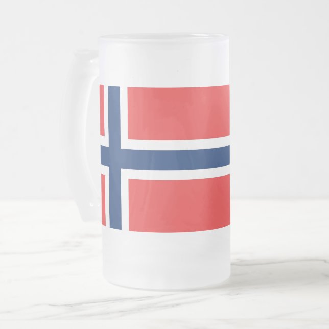 Tasse aus mattiertem Glas mit norwegischer Flagge (Vorderseite Links)