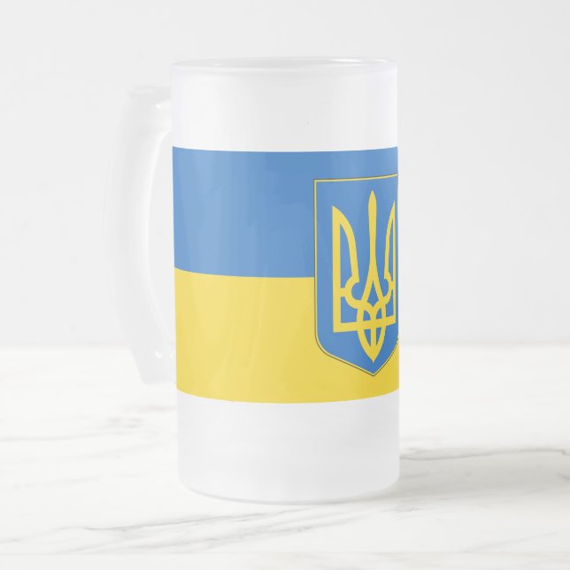 Tasse aus mattiertem Glas mit ukrainischer Flagge (Vorderseite Links)