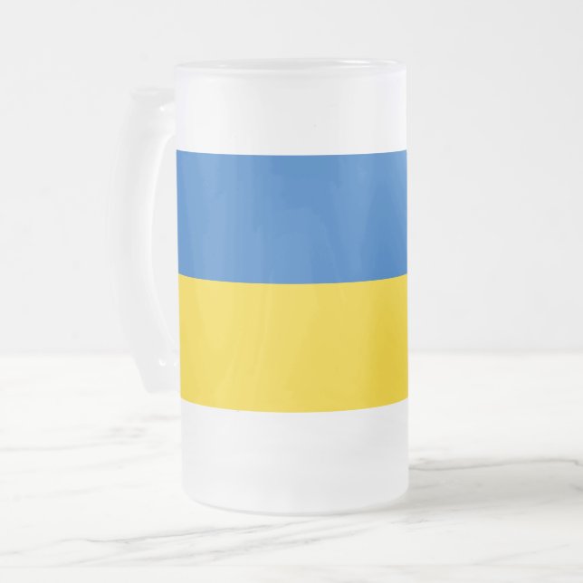Tasse aus mattiertem Glas mit ukrainischer Flagge (Vorderseite Links)