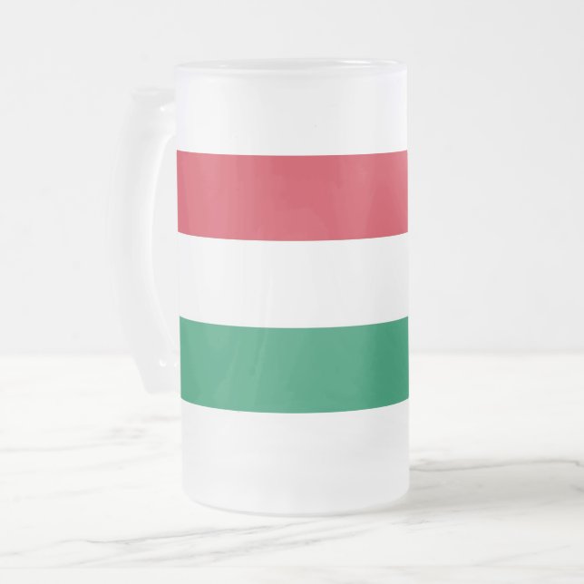 Tasse aus mattiertem Glas mit ungarischer Flagge (Vorderseite Links)