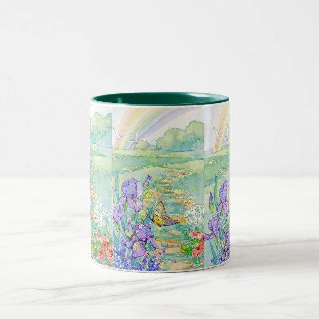 Tasse-Blumen, Schmetterling, Regenbogen Zweifarbige Tasse (Mittel)
