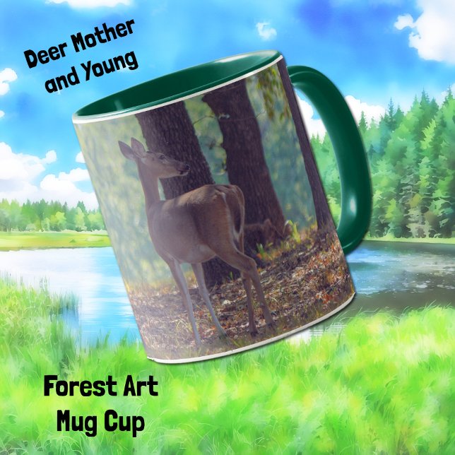 Tasse-Cup für Hirsche und Jungwälder Tasse (A pretty mama deer in a forest with her baby on the other side and in an artsy style on a mug.)