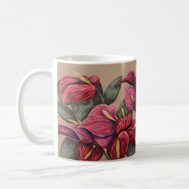 Tasse der Anthurium-Blume in Rot und Rosa (Links)