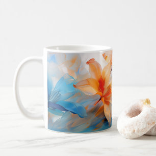Tasse der blauen und orangen Blume