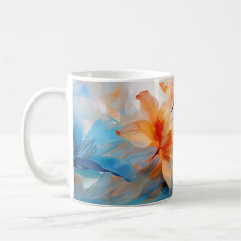 Tasse der blauen und orangen Blume
