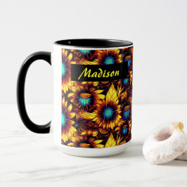Tasse der hellen Sonnenblumen