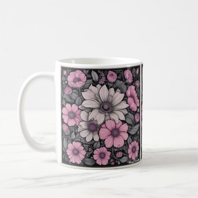 Tasse der rosa, schwarzen und weißen Blume (Links)