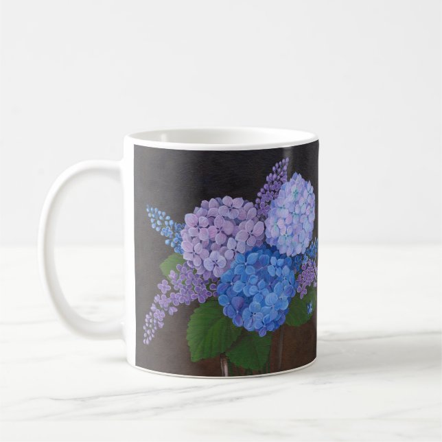 Tasse des Kaffees - Vase der Hydrangeas (Links)