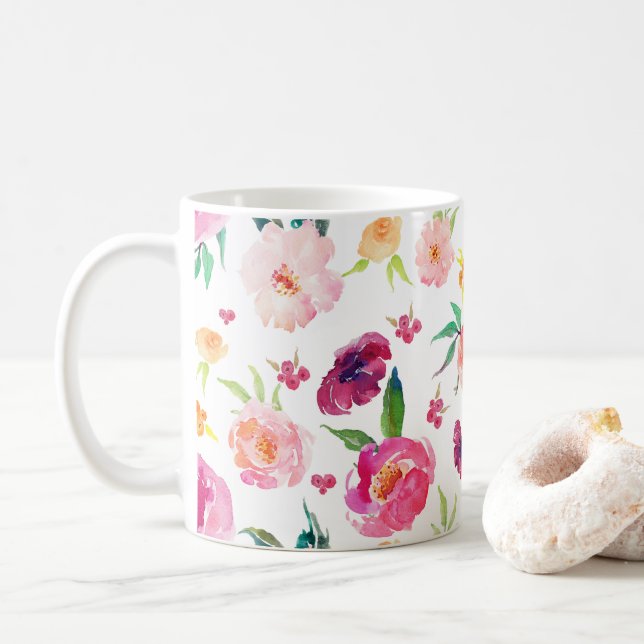Tasse für blau-rosa Wasserfarben-Peonies (Mit Donut)
