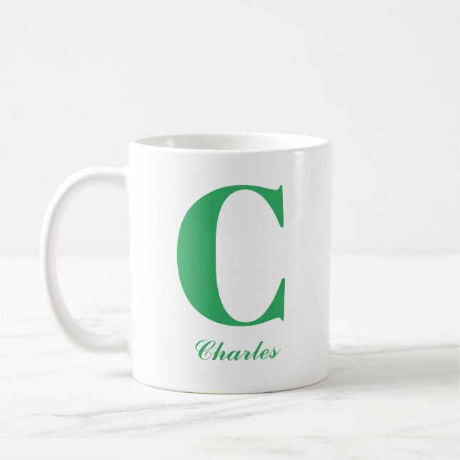 Tasse für personalisiertes grünes Skript, Initial  (Links)