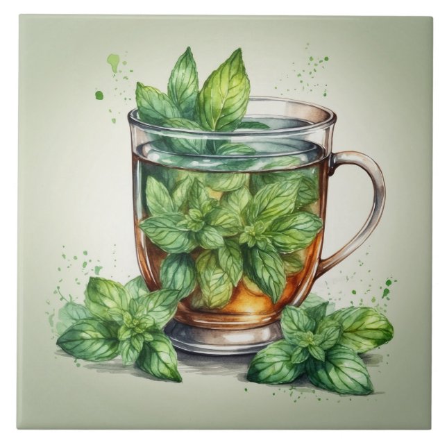 Tasse Minztee mit frischen Pfefferminzblättern Fliese (Vorderseite)