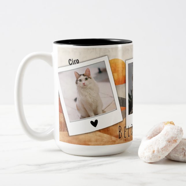 Tasse mit 3 Fotos und anpassbarem Text (Mit Donut)