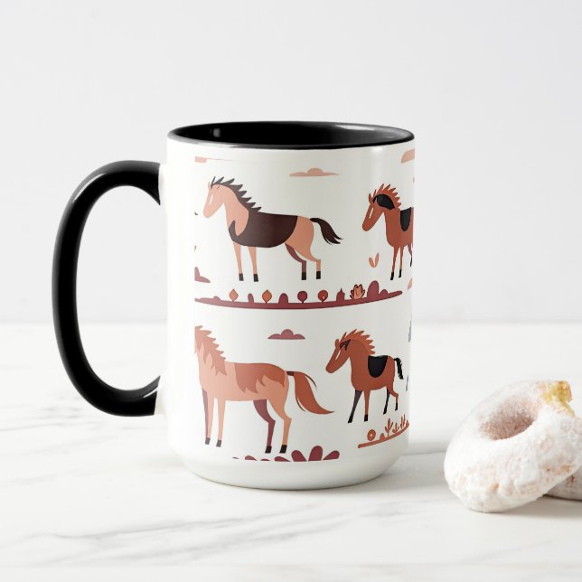 Tasse mit abstrakter Kunst und Pferden. (Mit Donut)