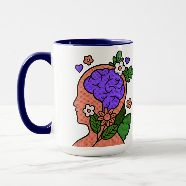 Tasse mit achtsamer Gehirn-Blumenillustration (Links)