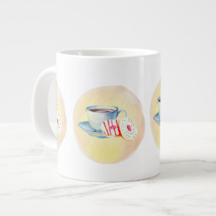 Tasse mit Bild von Kaffee und Donuts