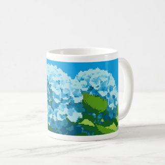 Tasse mit blau blauen Hydrangeas aus Pixel-Art