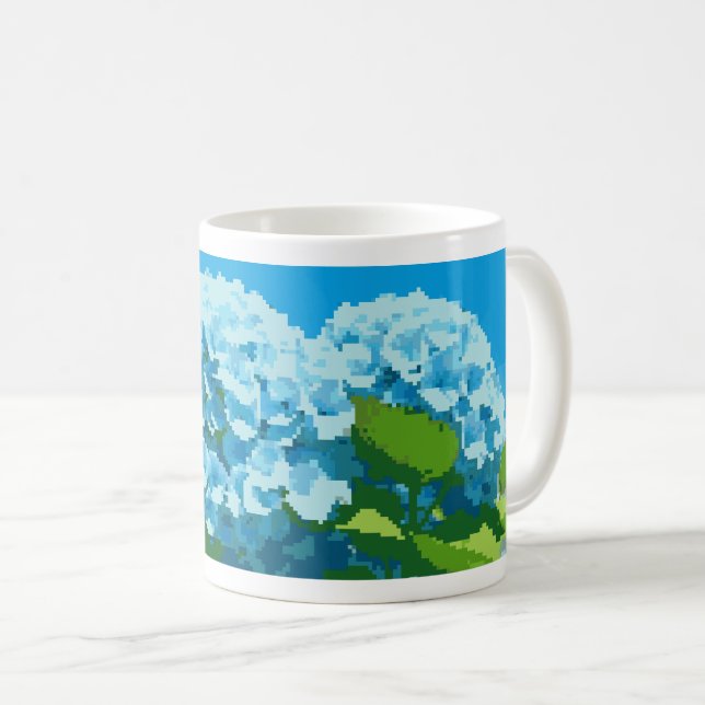 Tasse mit blau blauen Hydrangeas aus Pixel-Art (VorderseiteRechts)