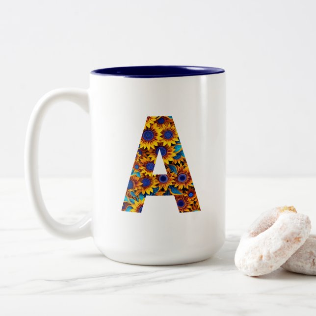 Tasse mit Buchstabe A und Sonnenblumen (Mit Donut)
