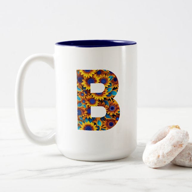 Tasse mit Buchstabe B und Sonnenblumen (Mit Donut)