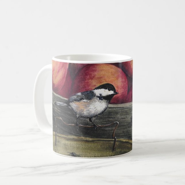 Tasse mit einem Chickadee auf einem Korb der Äpfel (Vorderseite Links)