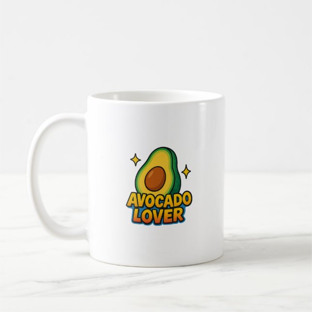 Tasse mit einer Illustration eines Avocado und der (Links)