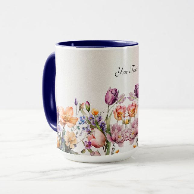 Tasse mit farbenfrohen Frühlingsblumen (Vorderseite Links)