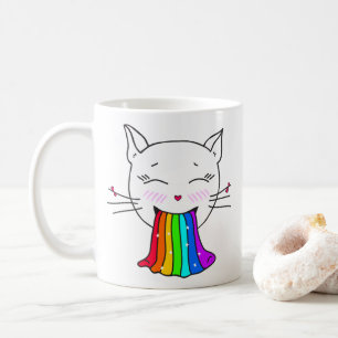 Tasse mit Kawaii niedliche Katze mit Regenbogen.