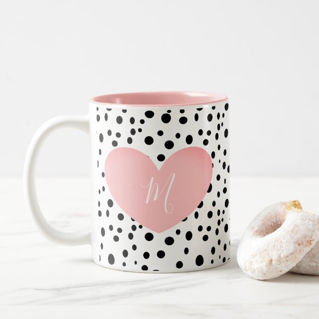 Tasse mit Monogramm rosa Herz und Punkte (Mit Donut)