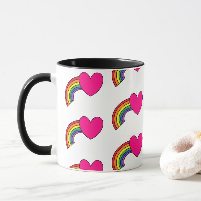 Tasse mit Regenbogen und heißen rosa Herzen (Mit Donut)