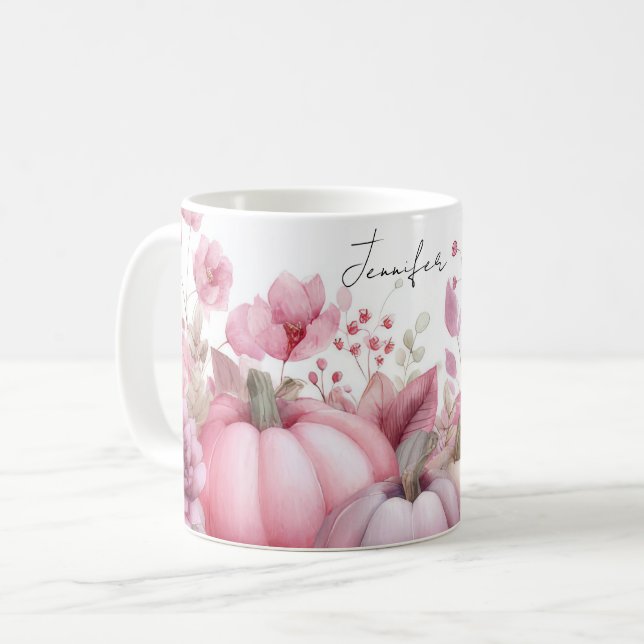 Tasse mit rosa Pumpkins und Blume (Vorderseite Links)