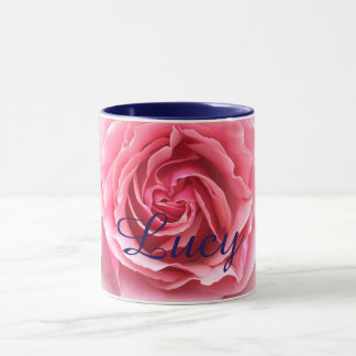 Tasse mit rosa Rose mit blauer Ordnung