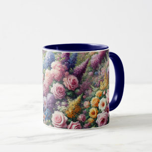 Tasse mit sanften lila, rosa und gelben Blumen