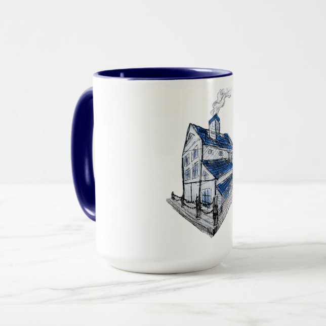 Tasse mit zeichn eines Skizzenhauses mit blauem Da (Vorderseite Links)