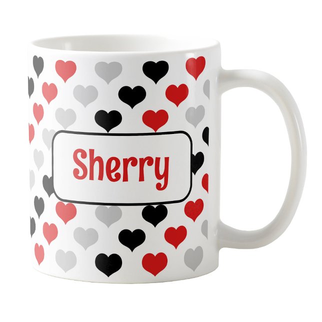 Tasse personalisiert Black Red Hearts (Personalized Black Red Hearts Mug at Amy's Coffee Mugs on Zazzle. )