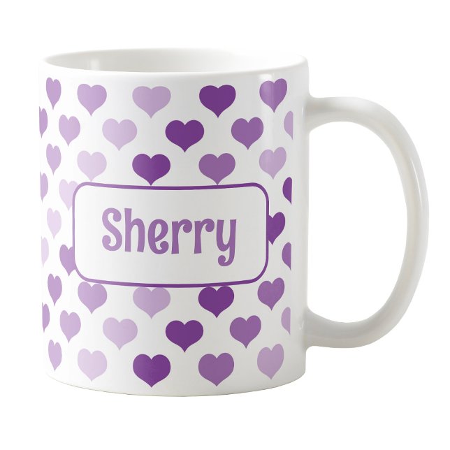 Tasse personalisiert Lila Herz (Personalized Purple Hearts Mug at Amy's Coffee Mugs on Zazzle. )