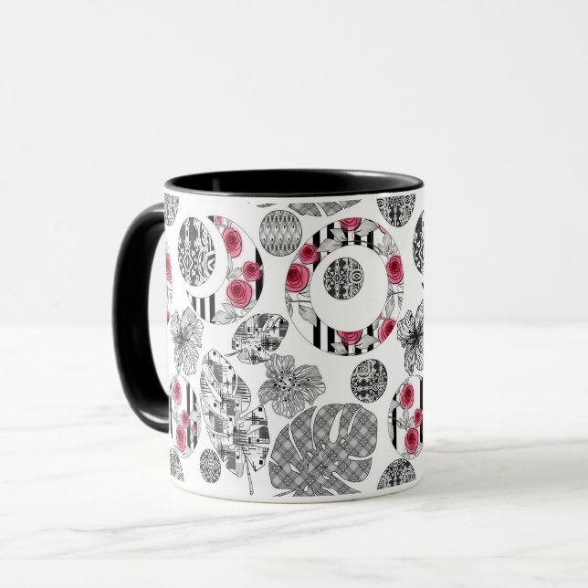 Tasse,Rot und Schwarz, Quilting ,Patchwork, Rustik Tasse (Vorderseite Links)