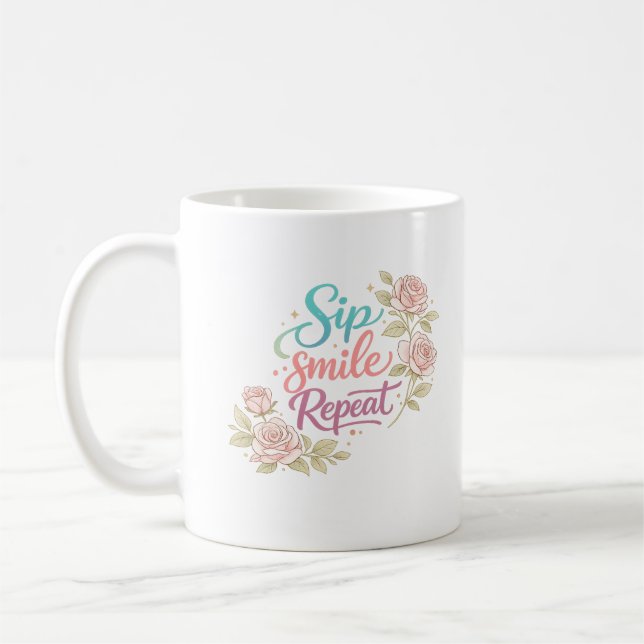 Tasse 'Sip Smile Repeat' mit Blumenmotiv (Links)