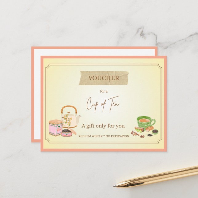 'Tasse Tee' Lustiger Geschenkgutschein Postkarte (Vorderseite/Rückseite Beispiel)