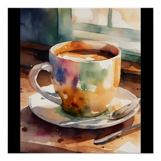 Tasse und Teller farbig Poster (Vorderseite)