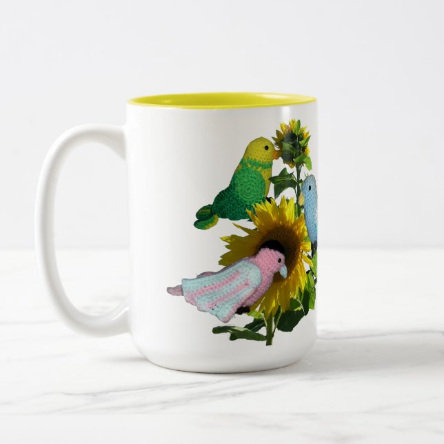 Tasse - Vögel auf Sonnenblumen Name über Blume (Links)