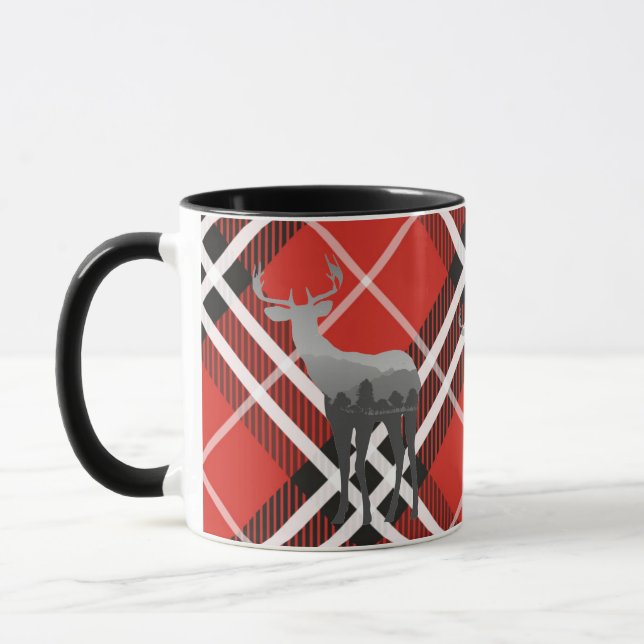 Tasse-Zwei Tone-Rot und Schwarz Kariert mit Hirsch Tasse (Links)
