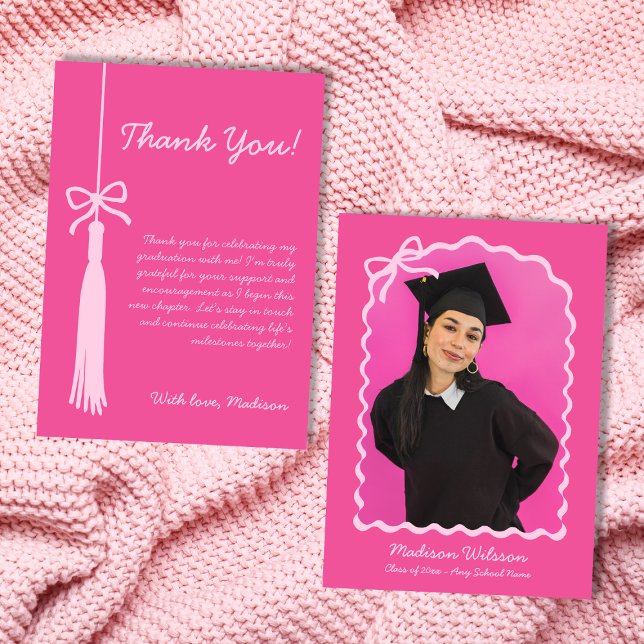 Tassel & Bow Pink Grad Foto 2025 Abschluss Dankeskarte (Tassel & Bow Pink Grad Photo 2025 Graduation Thank You Card)