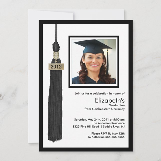 Tassel Foto Abschluss Einladung Black & White (Vorderseite)