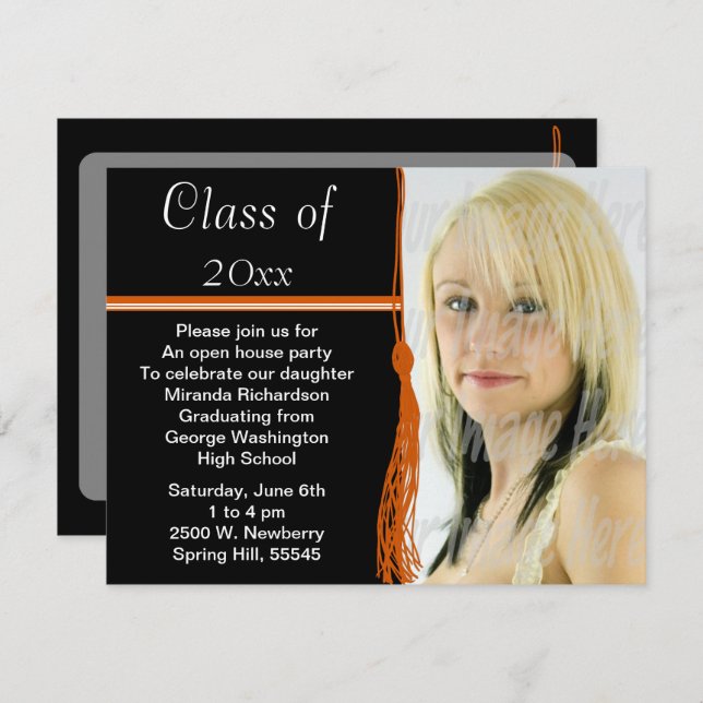 Tassel Foto Graduation Party Orange und Black Einladung (Vorne/Hinten)
