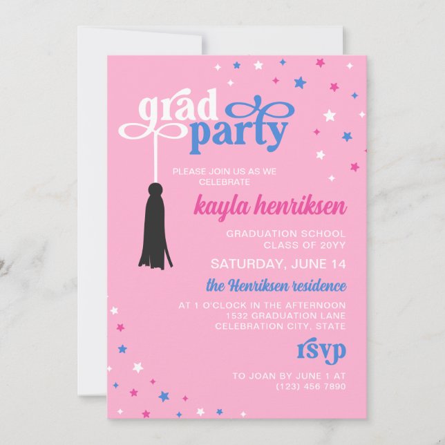 Tassel & Stars Pink Blue Retro Script Grad Party Einladung (Vorderseite)